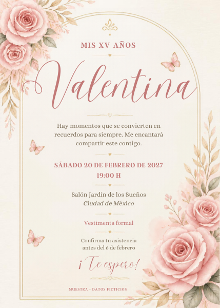 Ejemplo de invitación de XV años de Valentina en rosa empolvado con flores, mariposas y detalles dorados.